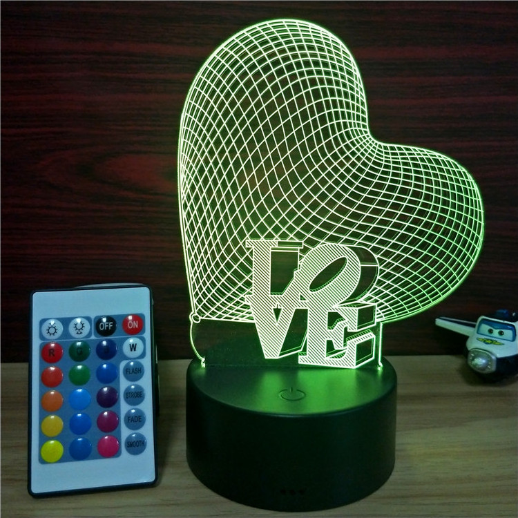 Wedding Table Gift for Guests Love Heart 3D Illusion LED Night Light Touch 7 Colors Change Gift for Valentine's Day with Remote