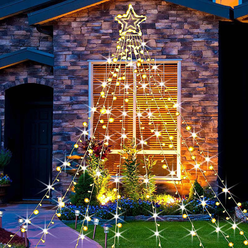 Solar Star Waterfall curtain String Lights Christmas Tree Fairy Garland Lighting with Star Topper for Outdoor Halloween Wedding