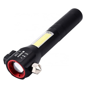 Hot Sale multi function vehicle mounted safety hammer flashlight usb charging red emergency with cob side light magnet