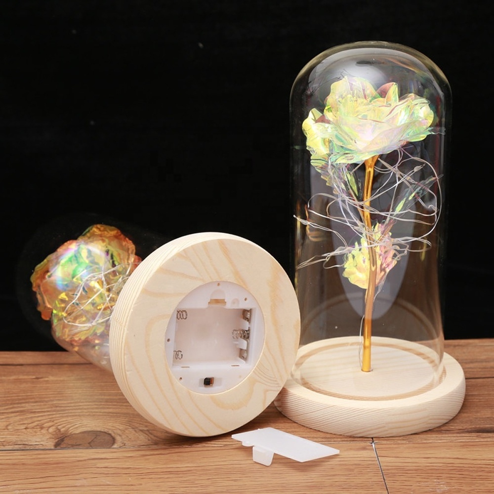 Battery Operated LED Rose Flower String Lights Flower Round Glass Bell Jar Dome Cover with Wood Base