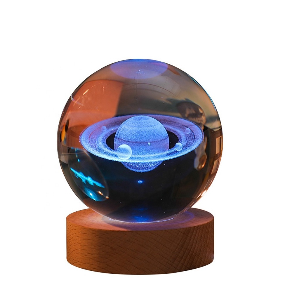 Customized 3D Solar System Engraved 7color Crystal Ball table lamp 3d Laser Luminous Crystal Globe Ball with LED Round wood Base