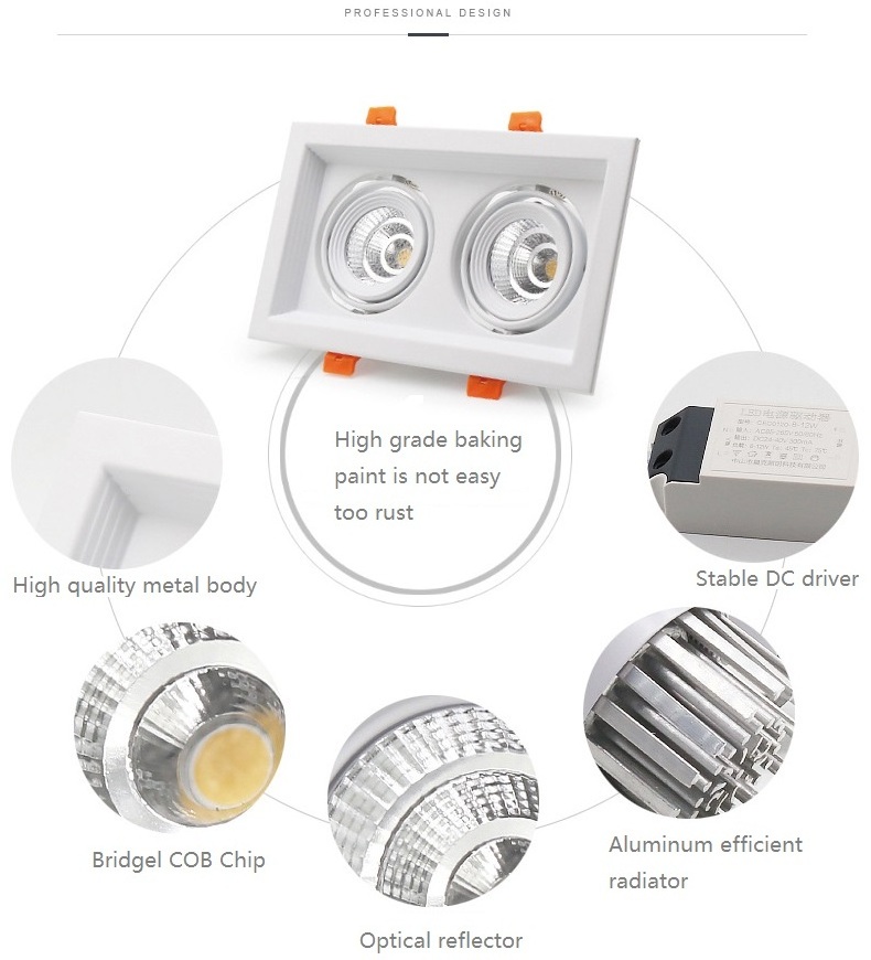 White Recessed Rectangular LED Single Double Triple Heads COB Square Ceiling light Downlight Gimbal Spot Light 110V-220V 5W-75W