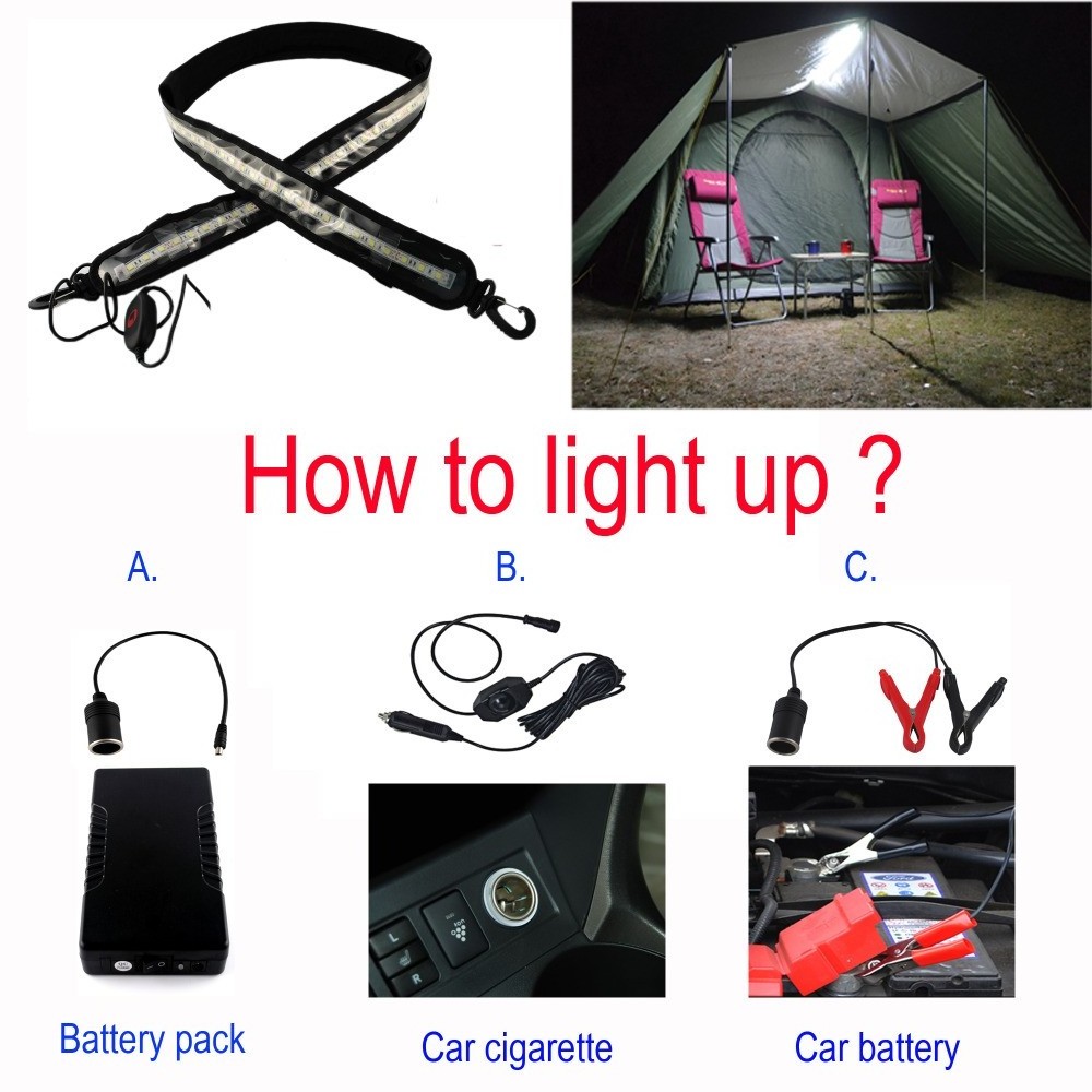 High Brightness 1.2m DC12V IP65 Waterproof Outdoor LED Flexible Camping Strip Light 72LED Tent Lighting RV Car Accompanied