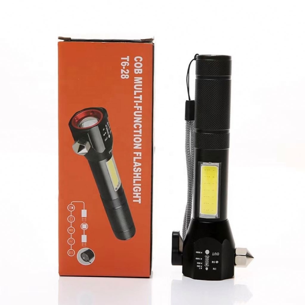 Hot Sale multi function vehicle mounted safety hammer flashlight usb charging red emergency with cob side light magnet