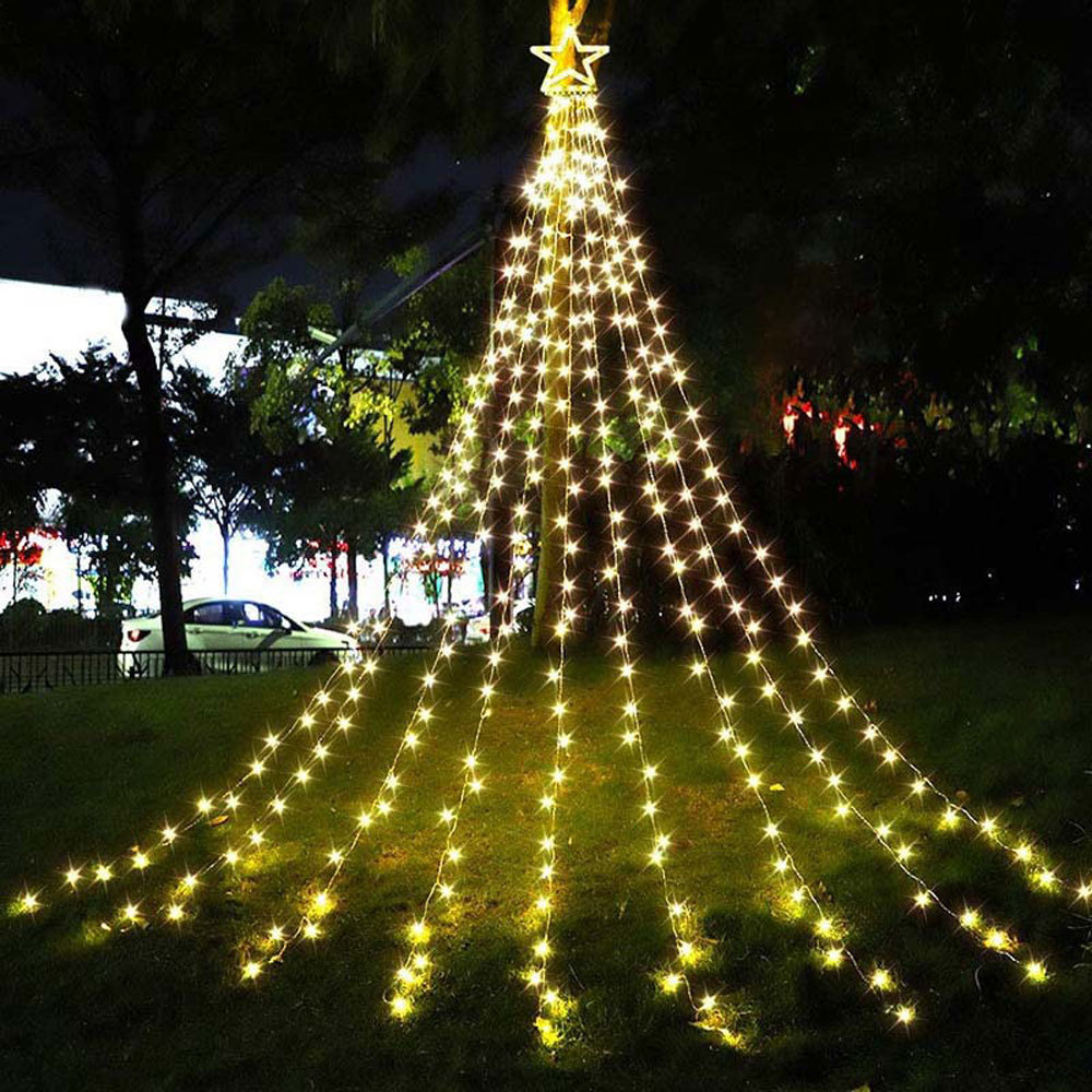 Solar Star Waterfall curtain String Lights Christmas Tree Fairy Garland Lighting with Star Topper for Outdoor Halloween Wedding