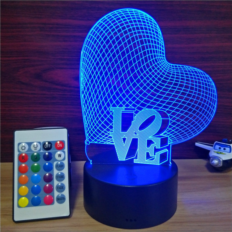 Wedding Table Gift for Guests Love Heart 3D Illusion LED Night Light Touch 7 Colors Change Gift for Valentine's Day with Remote