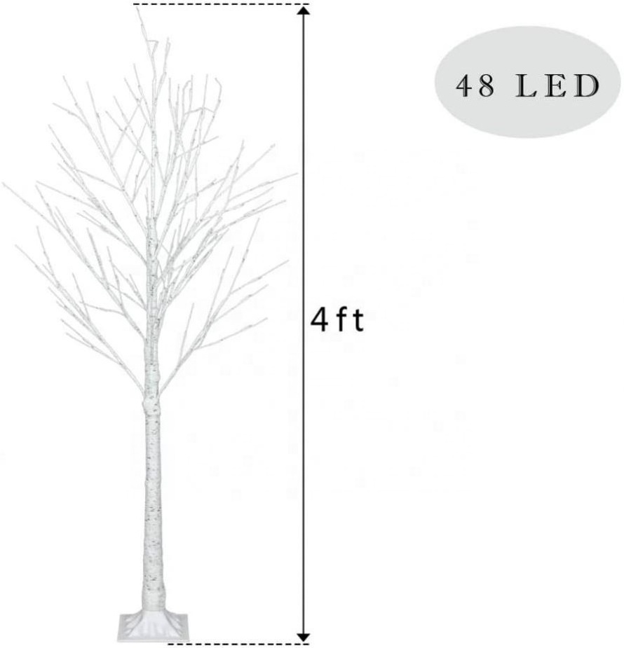 Prelit Birch Tree 48 LEDs Light Silver Twig Warm White White Branches (4 Feet) Home Festival Party Christmas Indoor and Outdoor