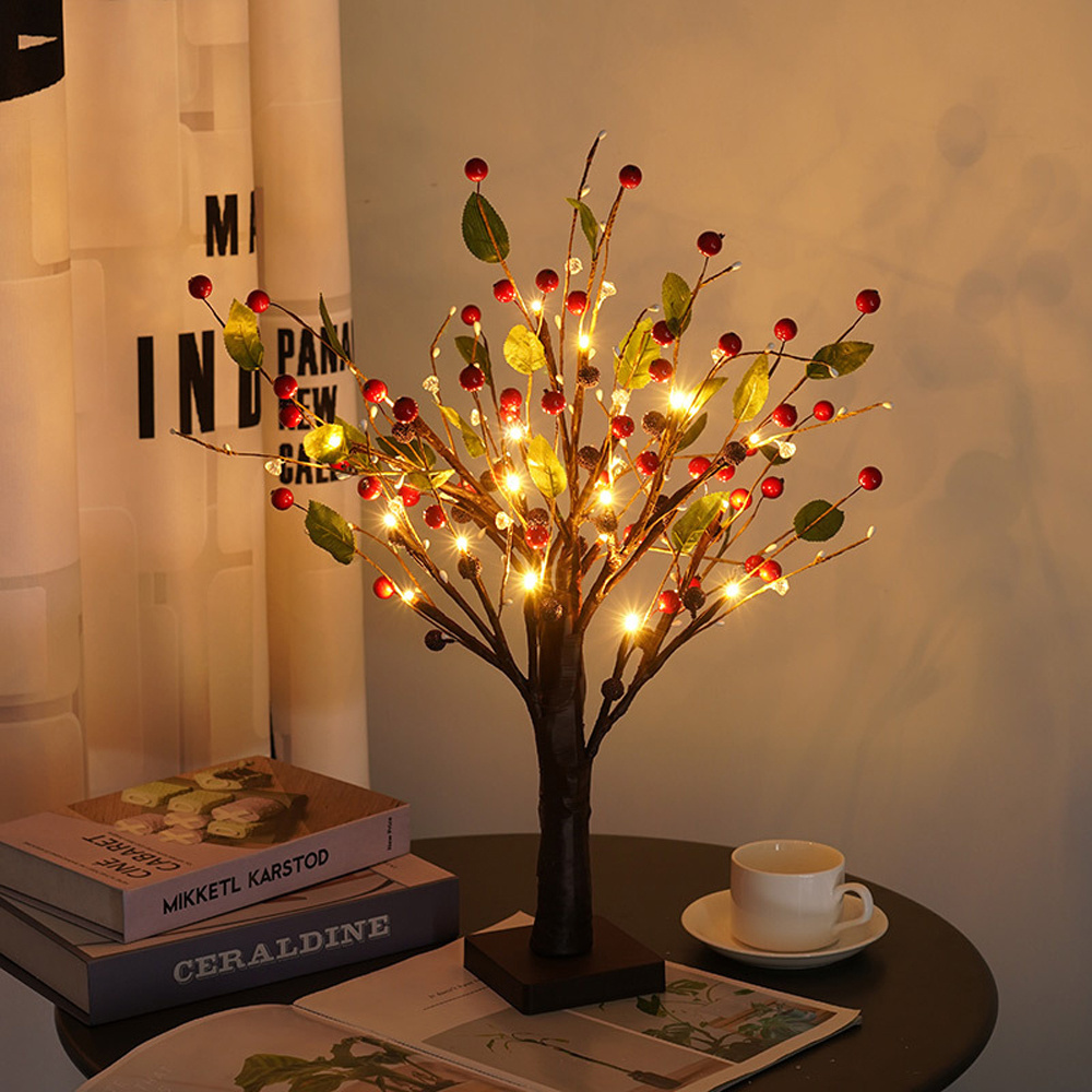 DIY Red Fruit Lights Artificial Bonsai Tree lamp Battery Operated Tabletop Fairy String lighting for Bedroom Wedding decoration