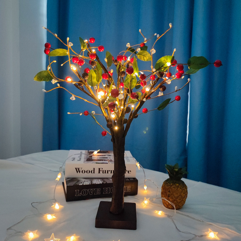 DIY Red Fruit Lights Artificial Bonsai Tree lamp Battery Operated Tabletop Fairy String lighting for Bedroom Wedding decoration