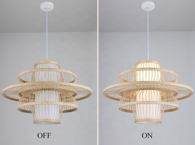 Wholesale Hanging Bamboo Lamp Handmade Natural Weaving Restaurant Lantern Led Ceiling Lights Rattan Pendant chandeliers Lights