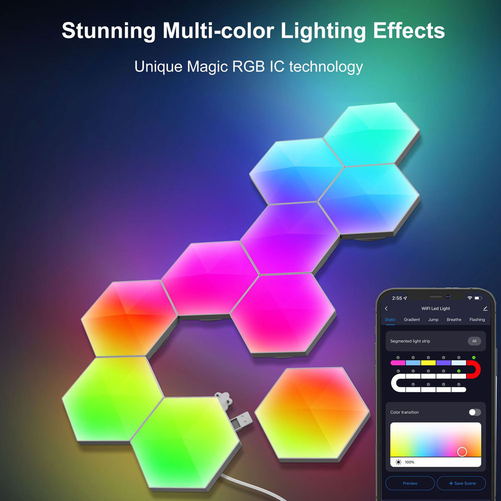 Smart App Remote Honeycomb RGB IC LED Panel Night Light Hexagons Modular Voice Sensitive Sensor Creative Modern Wall Lamp Kits