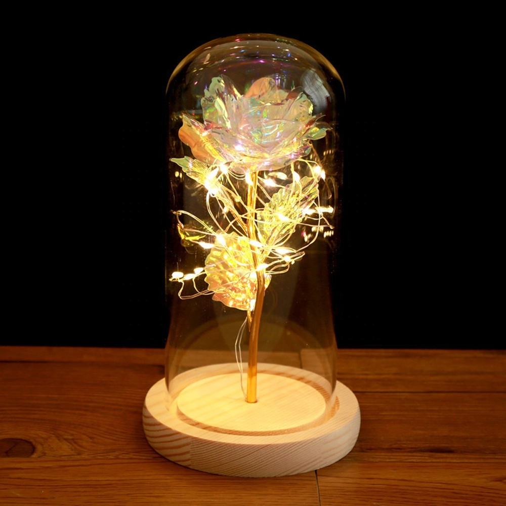 Battery Operated LED Rose Flower String Lights Flower Round Glass Bell Jar Dome Cover with Wood Base