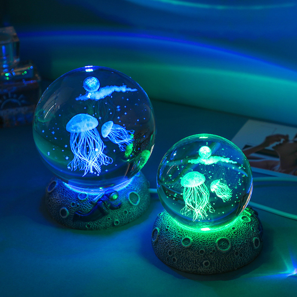 Dreamy Ocean World 3D Crystal Glass Ball Night Light With Resins LED Base Night Lamp For Christmas Decoration New Year Gift