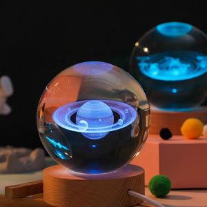 Customized 3D Solar System Engraved 7color Crystal Ball table lamp 3d Laser Luminous Crystal Globe Ball with LED Round wood Base