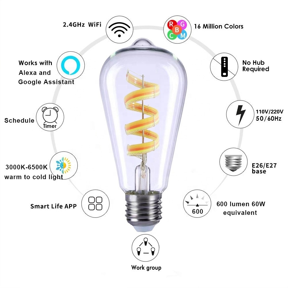 Tuya Smart APP Control 2.4G WIFI led Dimmable RGB Color changing light bulbs ST58 ST64 smart filament Glass bulb For home Bar