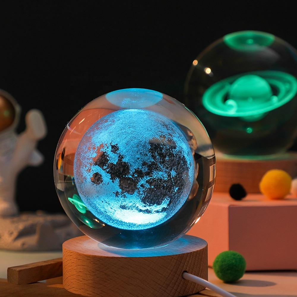 Customized 3D Solar System Engraved 7color Crystal Ball table lamp 3d Laser Luminous Crystal Globe Ball with LED Round wood Base