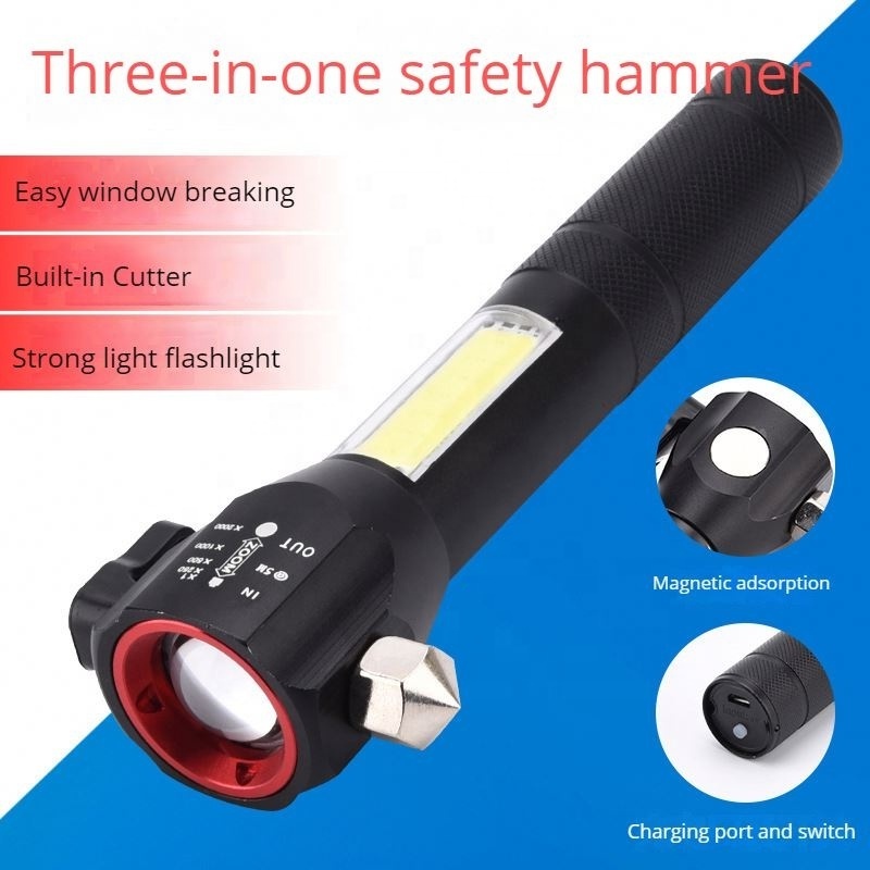 Hot Sale multi function vehicle mounted safety hammer flashlight usb charging red emergency with cob side light magnet