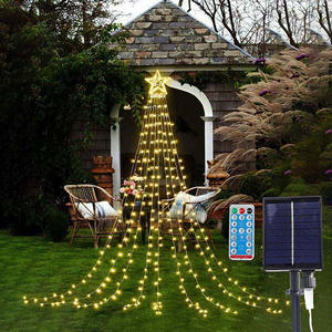 Solar Star Waterfall curtain String Lights Christmas Tree Fairy Garland Lighting with Star Topper for Outdoor Halloween Wedding