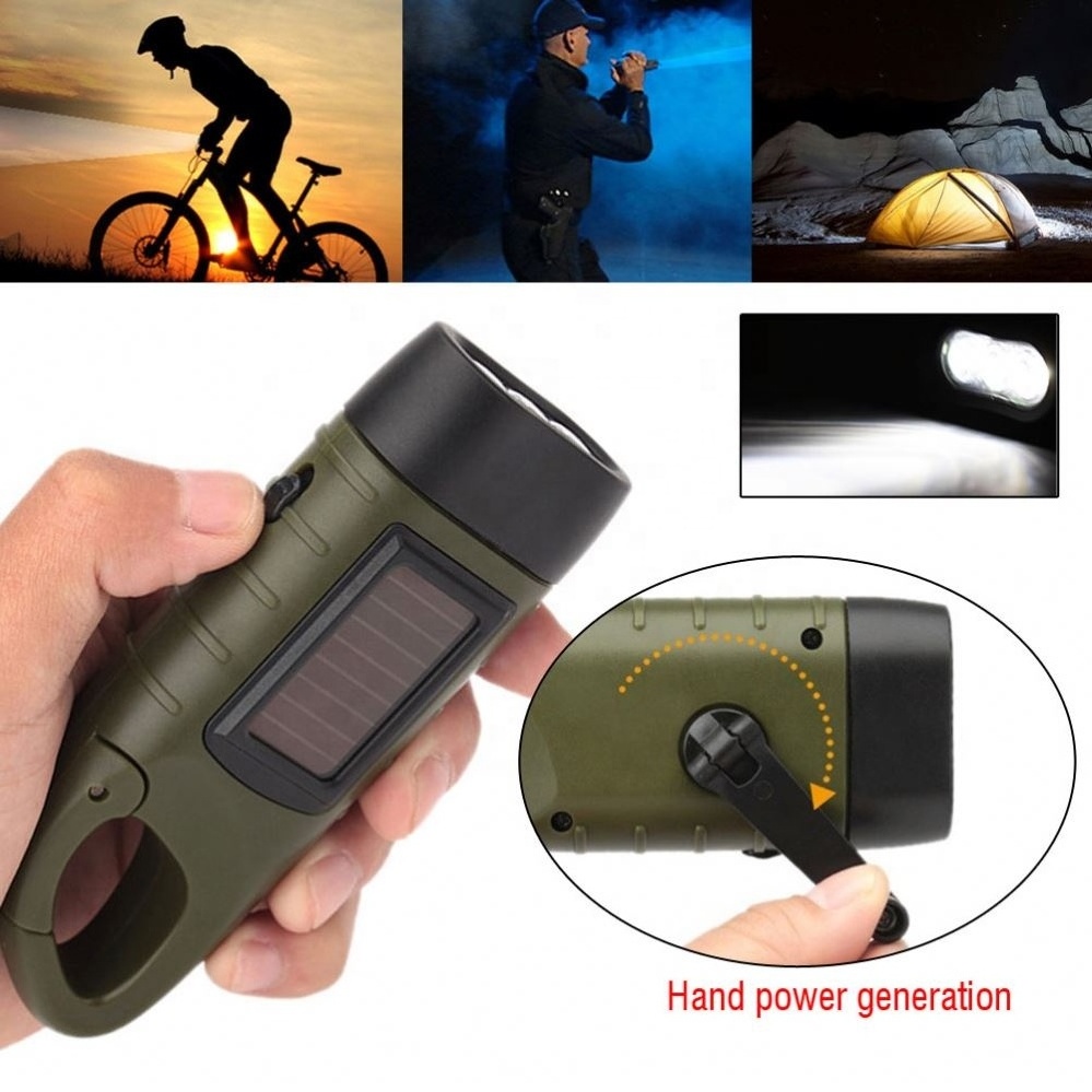 Solar Powered Flashlight Hand Crank Dynamo Rechargeable LED Lamp Charging Powerful Torch