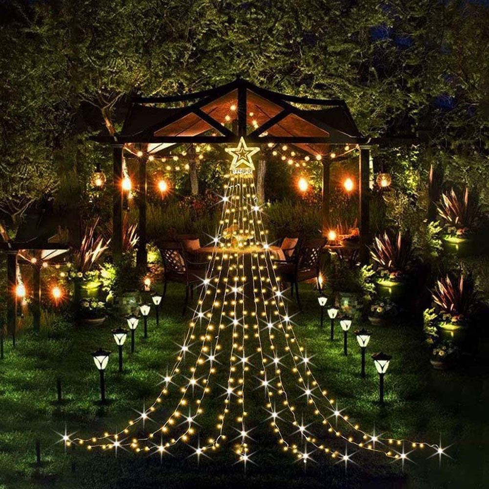 Solar Star Waterfall curtain String Lights Christmas Tree Fairy Garland Lighting with Star Topper for Outdoor Halloween Wedding