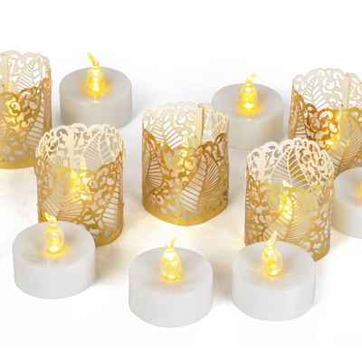 Flameless Tealight Candles Battery Operated LED Tea lights with Gold Paper Lampshade for Wedding Valentine Halloween Christmas