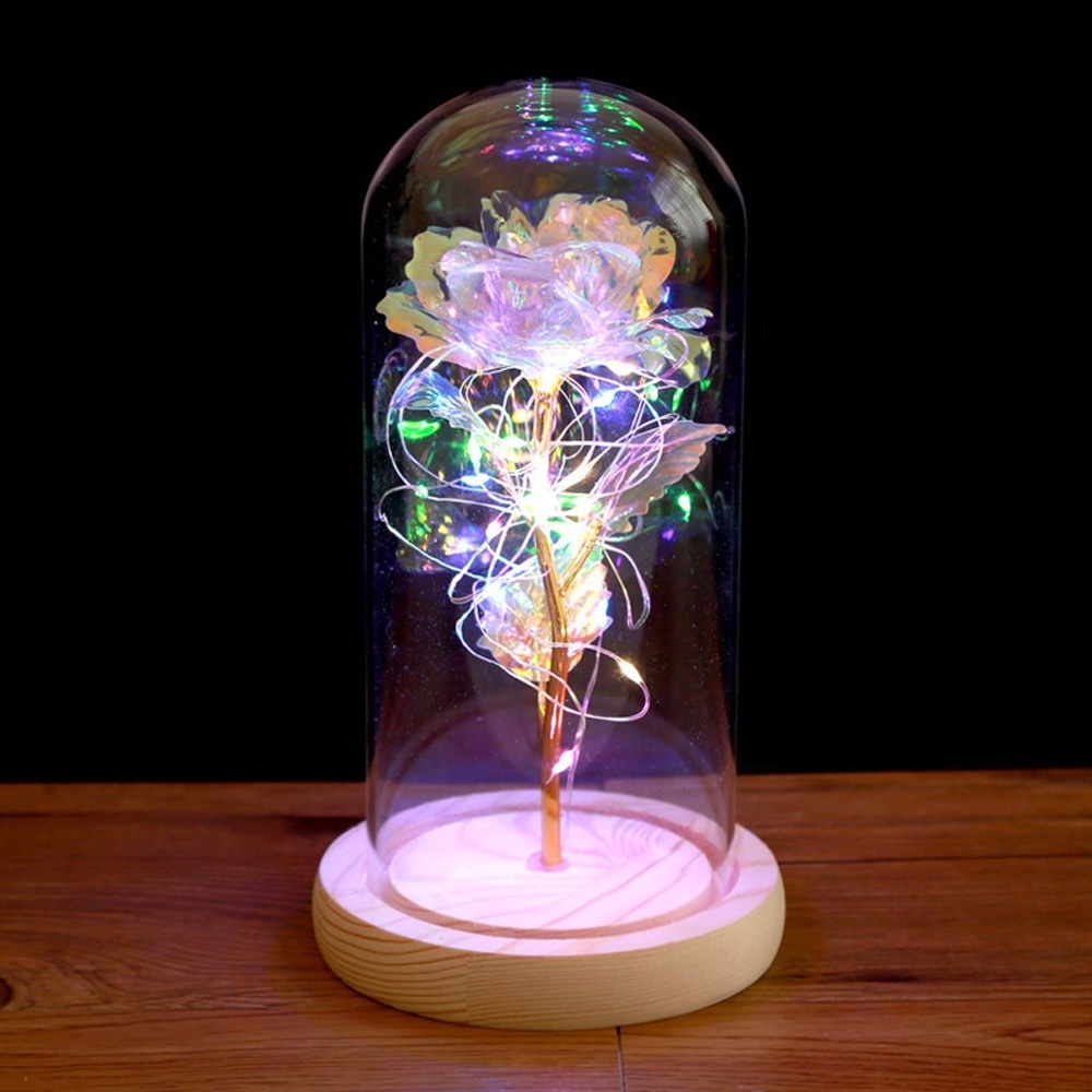 Battery Operated LED Rose Flower String Lights Flower Round Glass Bell Jar Dome Cover with Wood Base