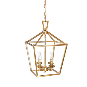 Gold Lantern Pendant 4-Light Geometric Pendant Light Fixtures in Brushed Brass Finish Modern Hanging Pendant Light