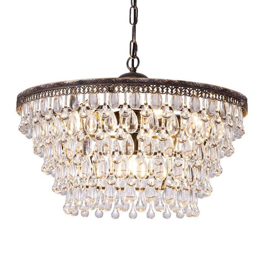 6-Light 5 Tiers Farmhouse Crystal Light, Adjustable Hanging Bronze Ceiling Lighting Fixture