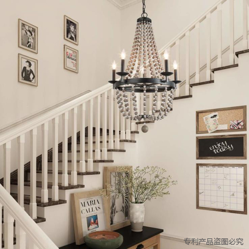 Farmhouse Chandelier, Light Fixture for Dining Room, Bedroom, Handmade Wood Beads, 6-Light, H 72 CM x W 51 CM pendant light