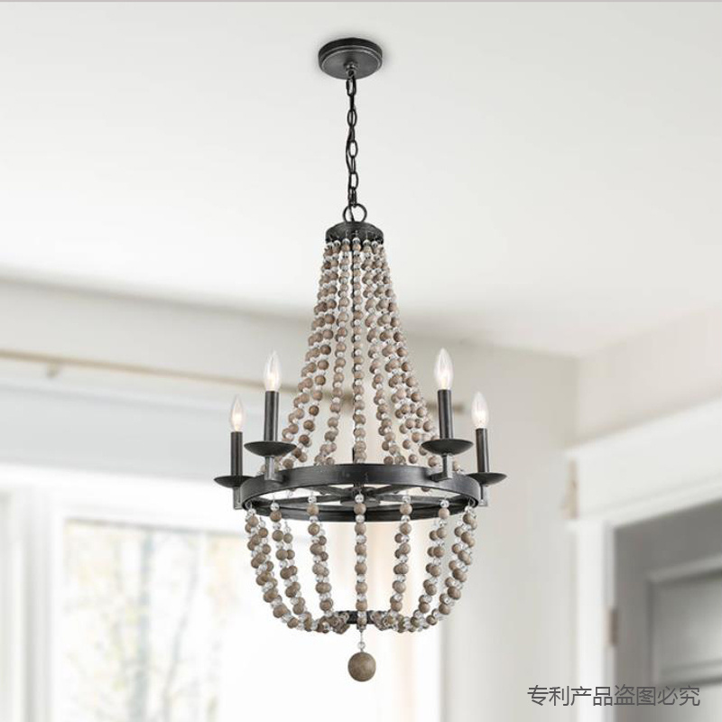 Farmhouse Chandelier, Light Fixture for Dining Room, Bedroom, Handmade Wood Beads, 6-Light, H 72 CM x W 51 CM pendant light