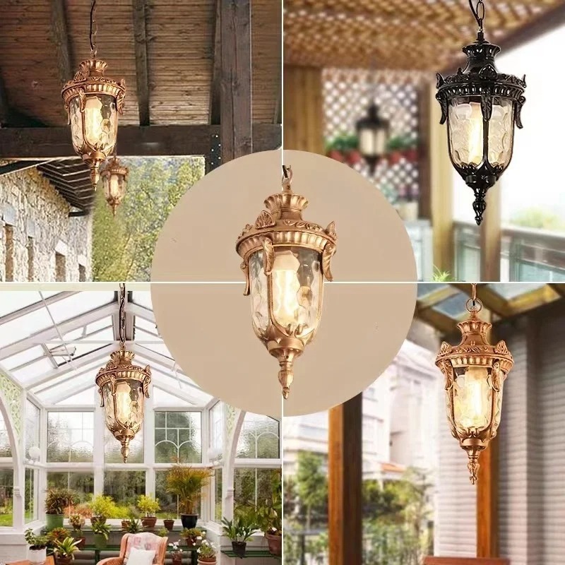 European style retro outdoor hanging chandelier suitable for outdoor villas, porch, balcony, terrace, door pillar ceiling light