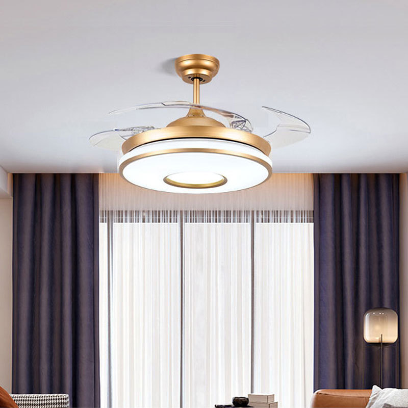 Contemporary Invisible Gold Ceiling Fan Lamps LED with 4 Retractable Acrylic Blades Lighting Groups Ceiling Light Fan