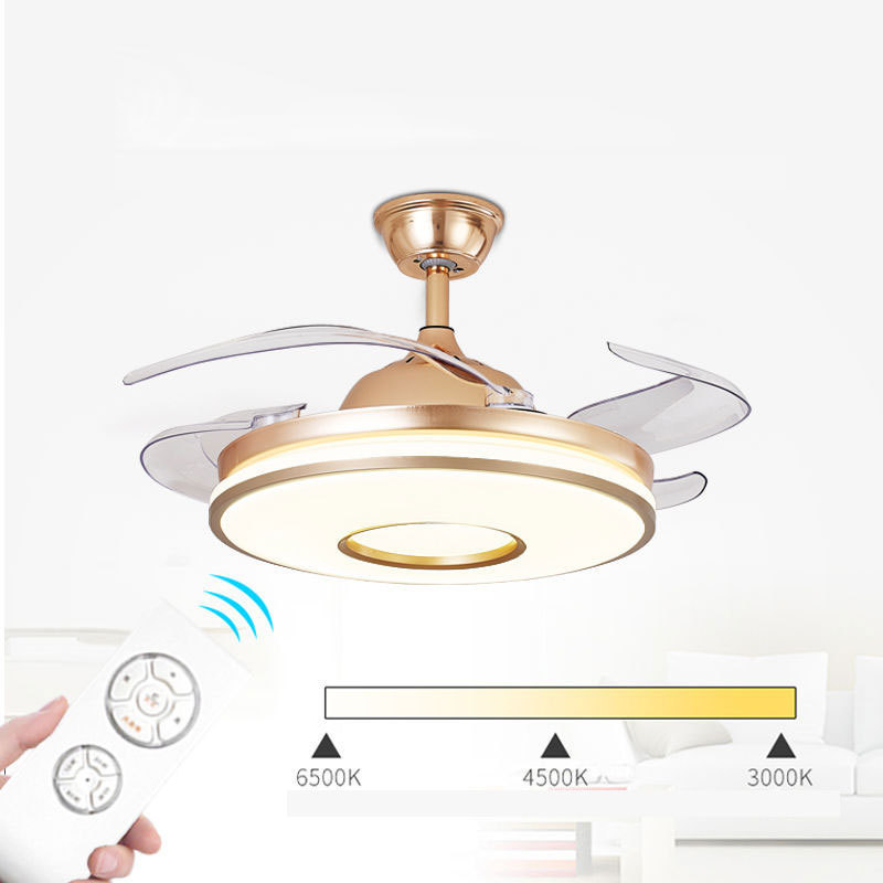 Contemporary Invisible Gold Ceiling Fan Lamps LED with 4 Retractable Acrylic Blades Lighting Groups Ceiling Light Fan