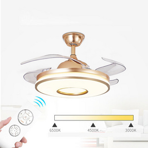 Contemporary Invisible Gold Ceiling Fan Lamps LED with 4 Retractable Acrylic Blades Lighting Groups Ceiling Light Fan