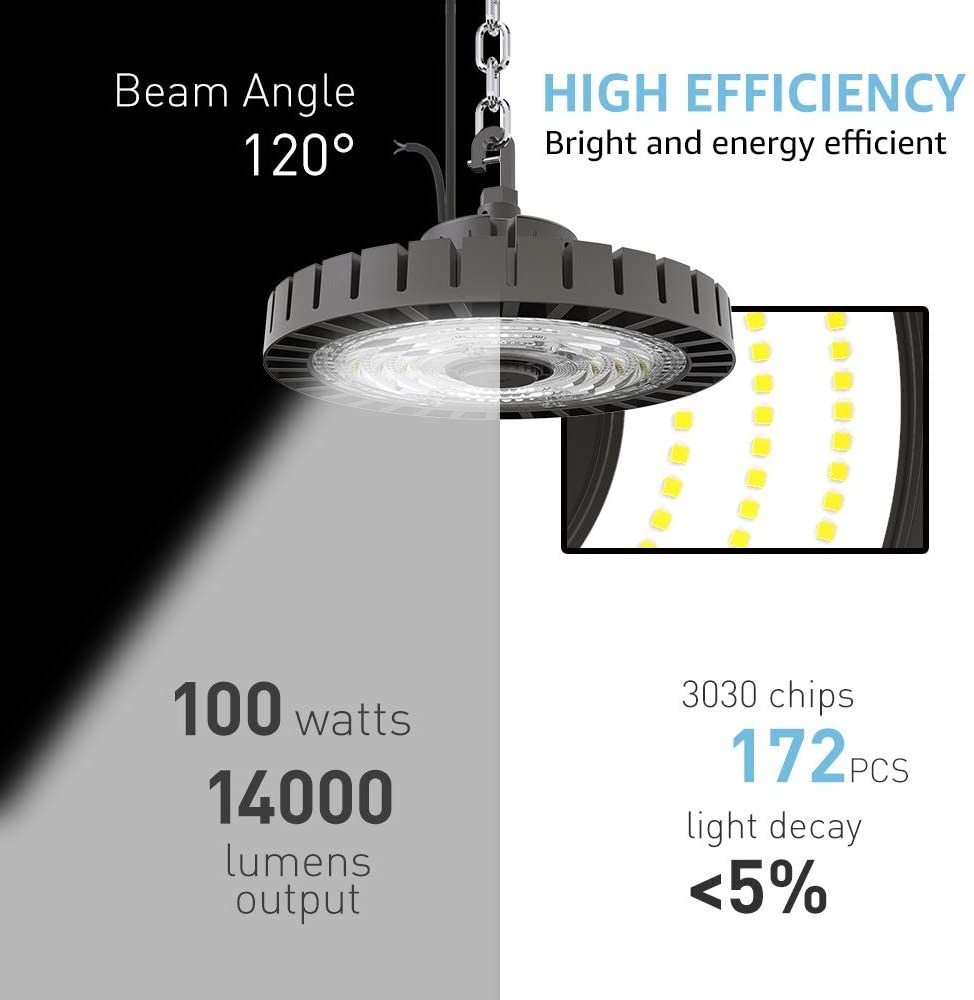 200W UFO LED Overhead Light Fixture 28000lm 1-10V Dimmable 5000K 5' Cable with US Plug [400W/750W MH/HPS Equivalent] 100-277V