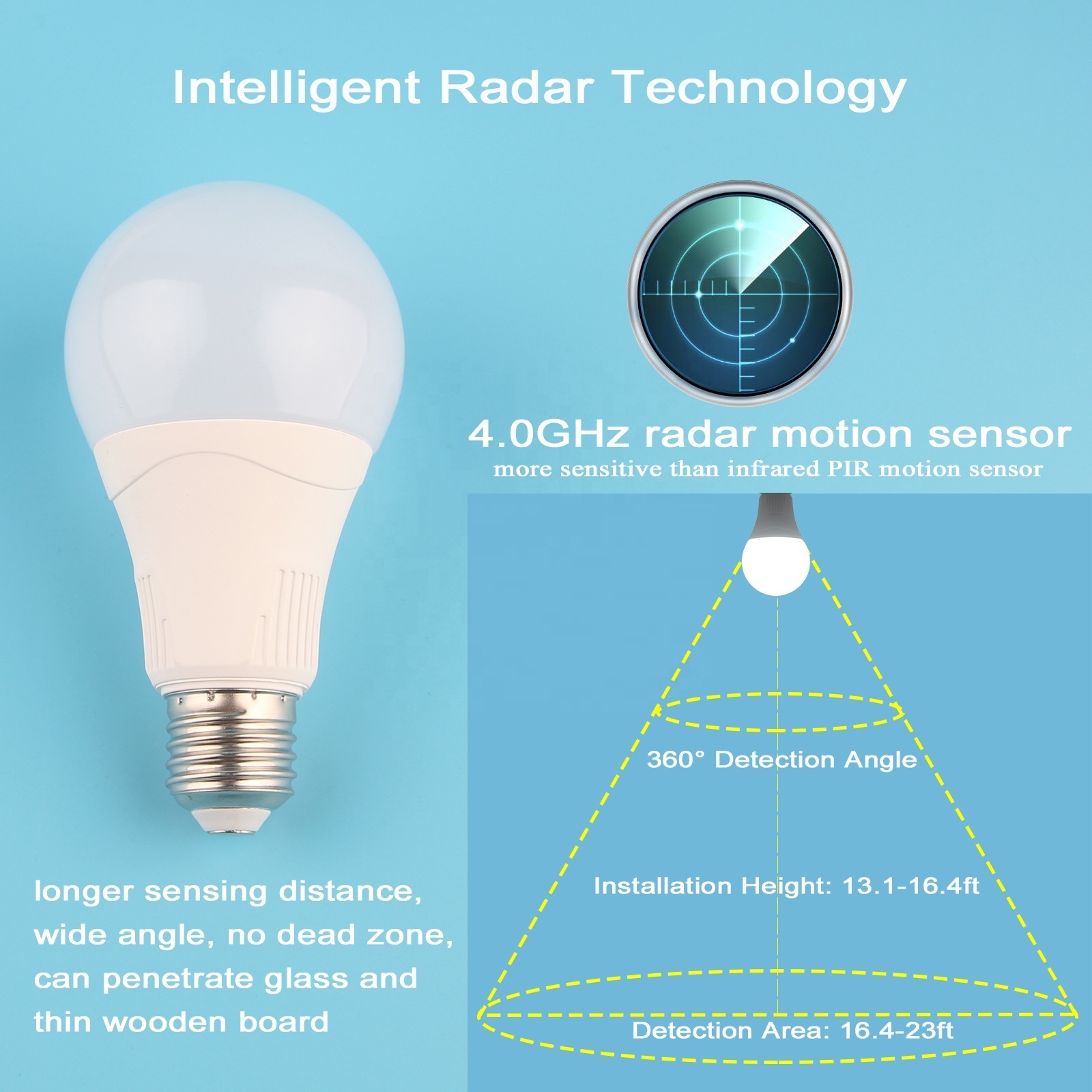 A70 15W 100W equivalent E27/E26 white security indoor smart radar led motion sensor bulb