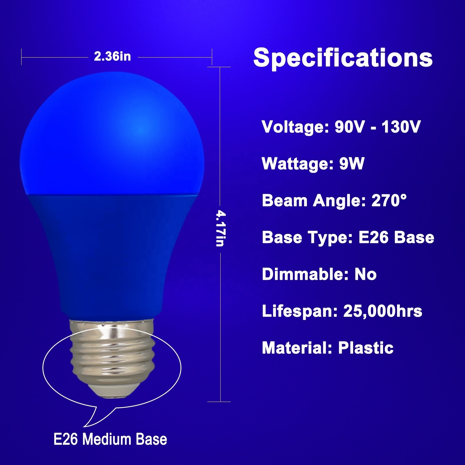 A60 9W 120V E26 blue color led festival lights party light bulb