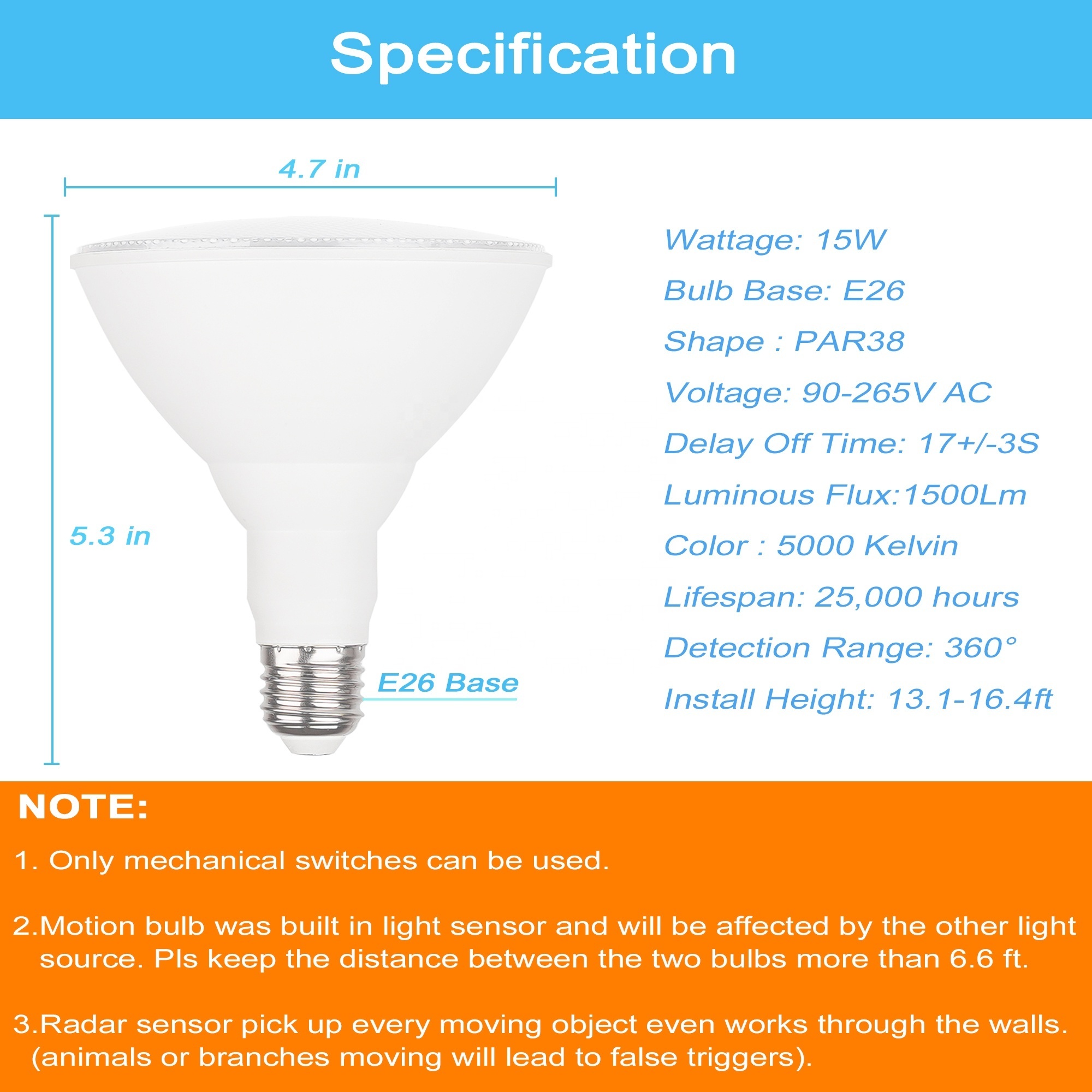 Outdoor15W 5000K E26 PAR38 LED Flood Light Bulb with Radar Motion Detector and Dusk to Dawn Sensor