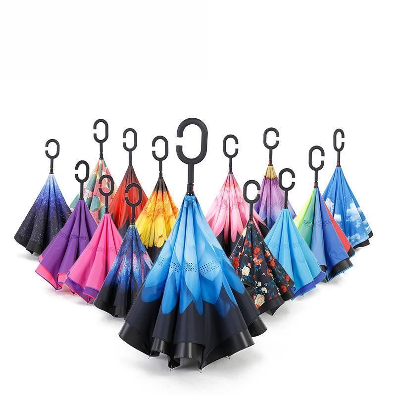 Hot Selling Stock Custom Double Layer Inside Out C Shape Handle Inverted Reverse Umbrellas With Logo Prints Omgekeerde Paraplu