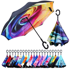 Wholesale Custom Logo Printed Double Fabric Windproof C Shape Handle Upside Down Inverted Reverse Rain Umbrella For Sale