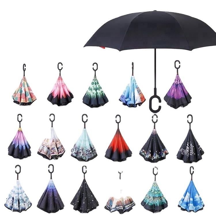 Wholesale Custom Logo Printed Double Fabric Windproof C Shape Handle Upside Down Inverted Reverse Rain Umbrella For Sale