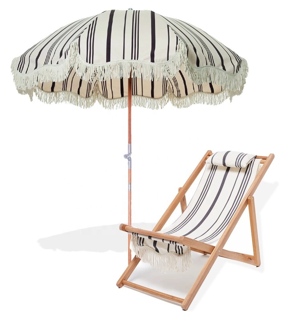 Wholesale Luxury Sun Outdoor Parasols Umbrellas, Manufacturer Custom Cheap Wooden Cotton Beach Umbrella With Tassels