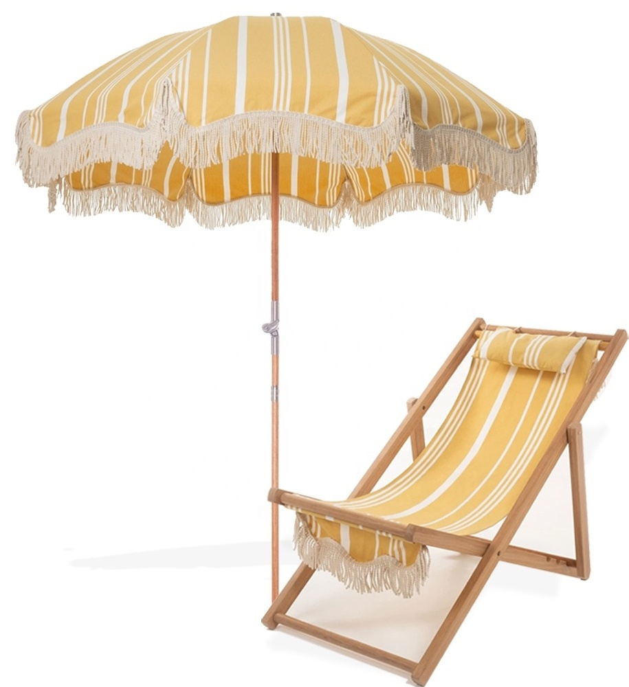 Wholesale Luxury Sun Outdoor Parasols Umbrellas, Manufacturer Custom Cheap Wooden Cotton Beach Umbrella With Tassels