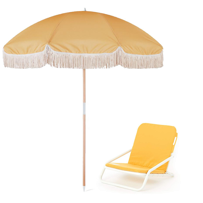 Custom Luxury Aluminum Beach Chair Parasol Umbrella with Wooden Pole Fringed Beach Cotton Tassels Outdoor Furniture Modern