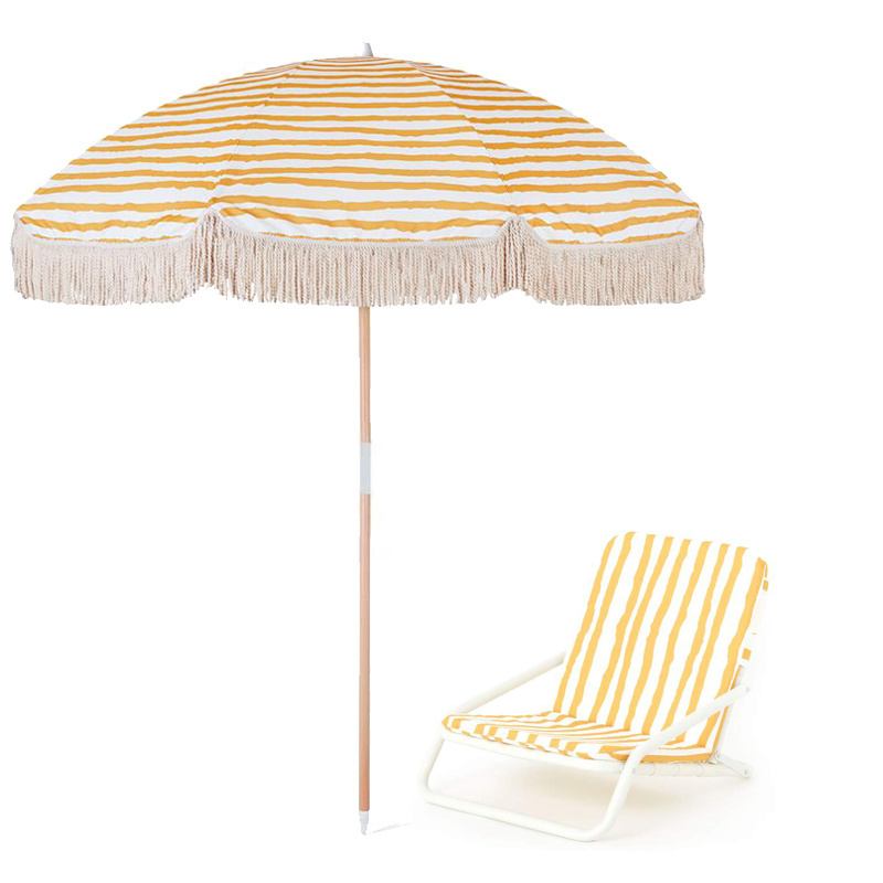 Custom Luxury Aluminum Beach Chair Parasol Umbrella with Wooden Pole Fringed Beach Cotton Tassels Outdoor Furniture Modern