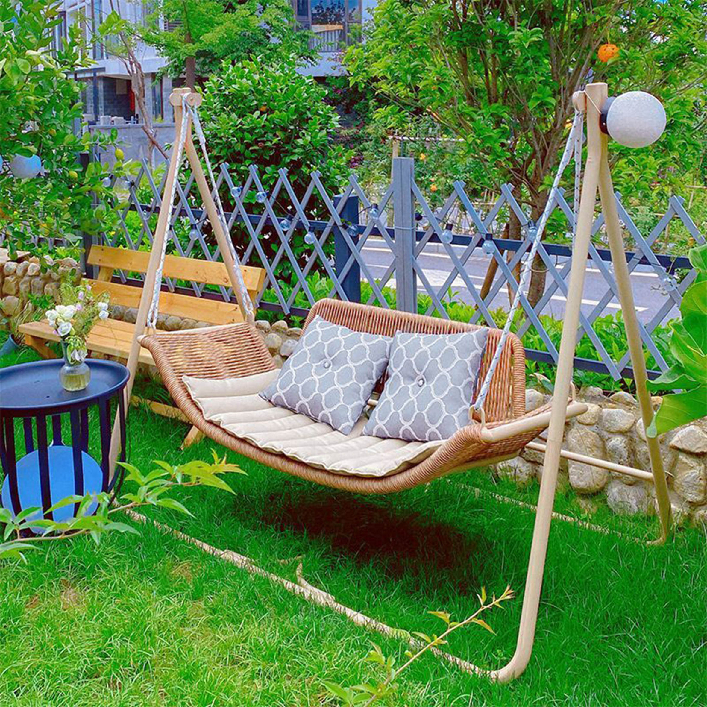 Swing Chair Outdoor Furniture PE Rattan Wicker Hanging Hammock,with cushion and UV Resistant frame stand egg hanging chair/