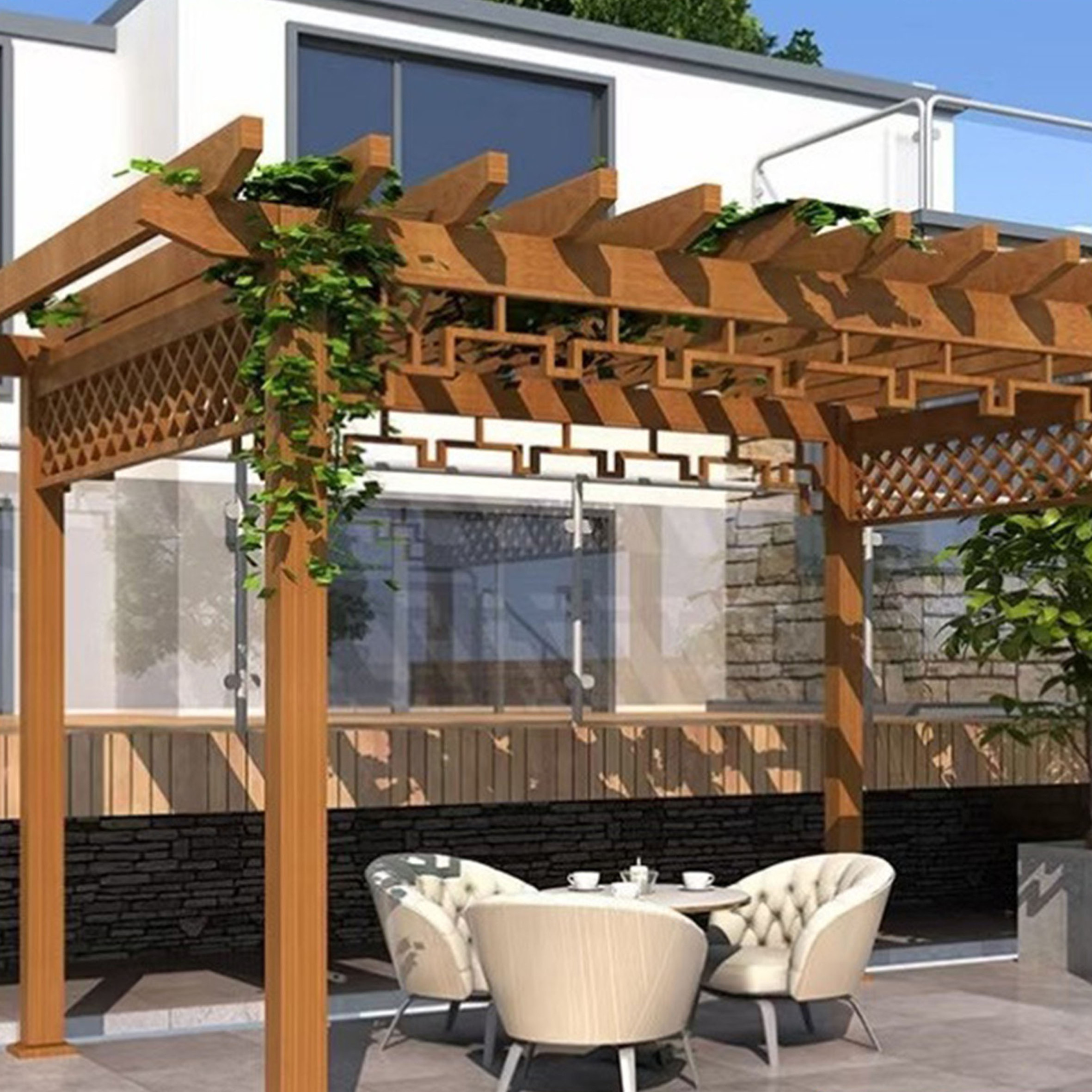 Eco Friendly Outdoor Gazebo Aluminium Pergola with,Rot Proof Stainless Steel Frame Coated Nature Wood/