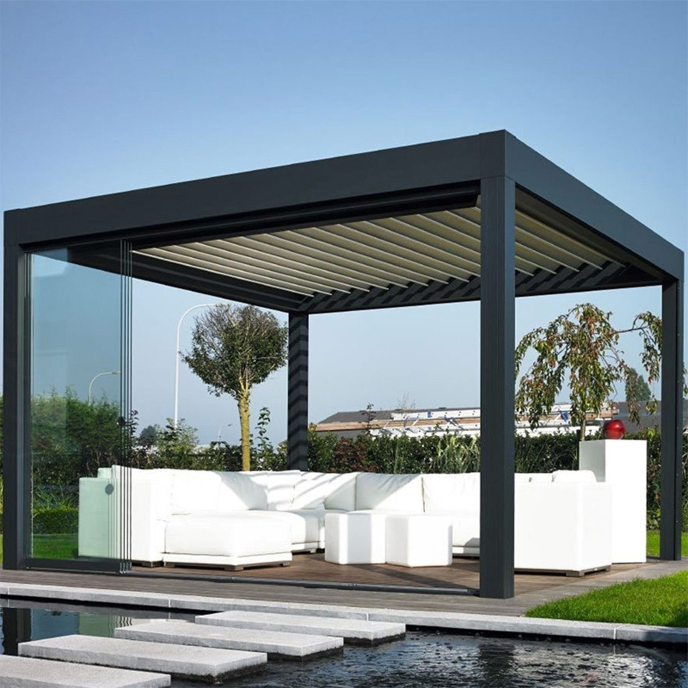 Garden Adjustable Outdoor,Gazebo Customized Modern Motorized Aluminium Louver Glass Pergola/