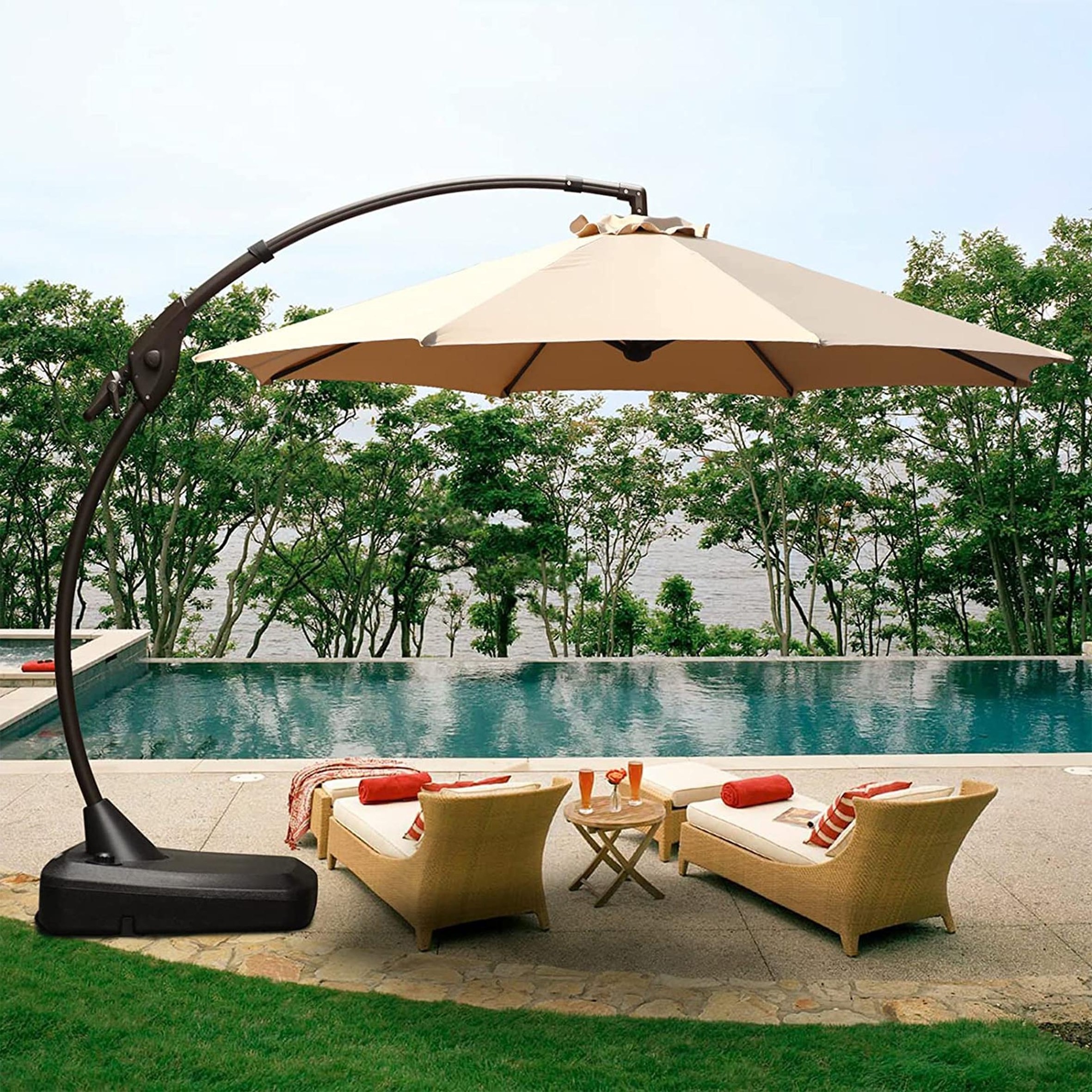 10FT Patio Umbrella Parasol Solar LED Adjustable Offset Cantilever HangingUmbrella with Cross Base for Backyardand Garden