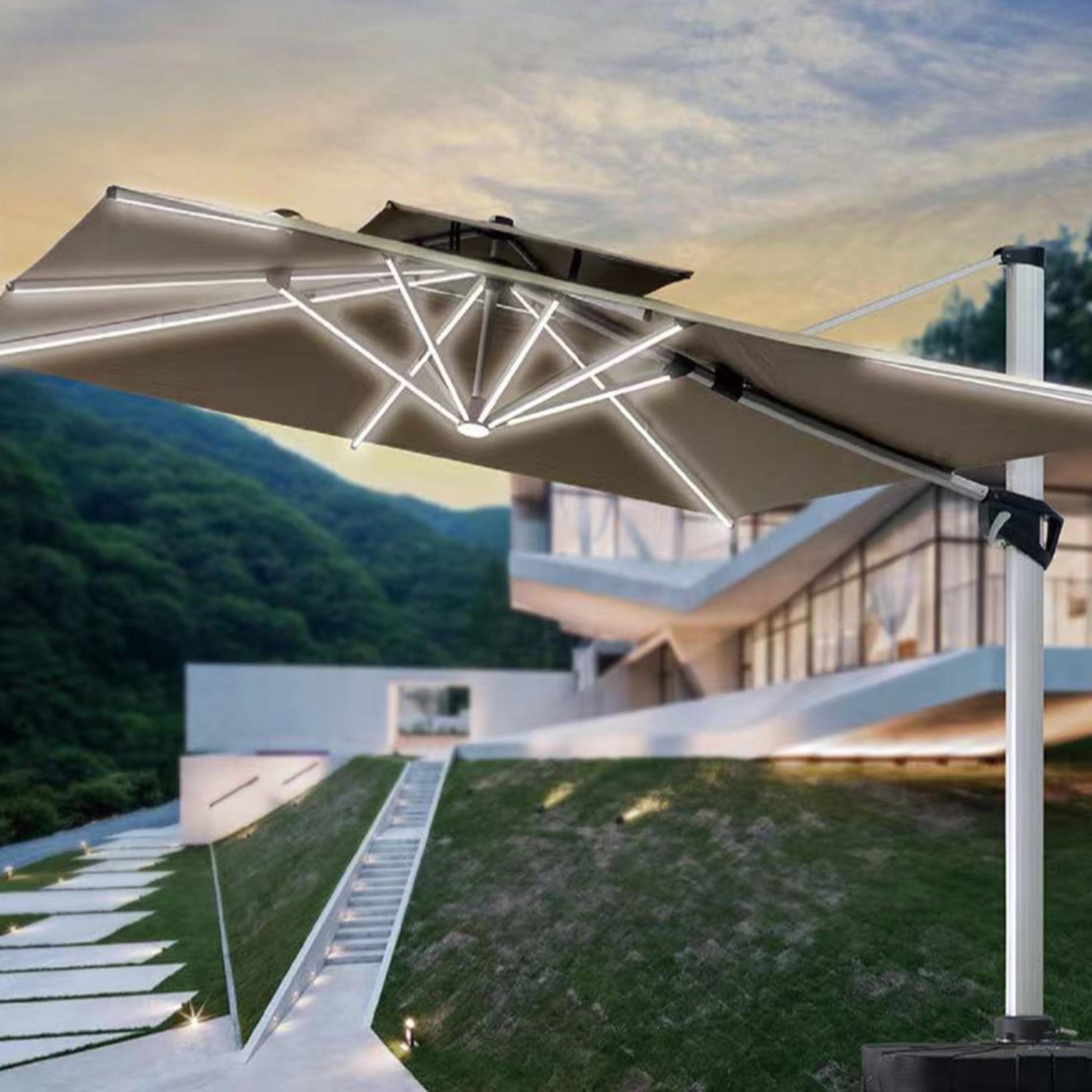 3M Outdoor Patio Umbrella Waterproof Aluminum Frame Polyester Material Solar Powered LED Lights Cantilever Offset Hanging